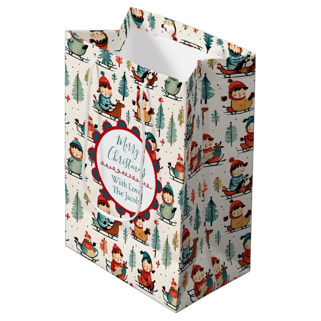 Merry Christmas  | Sledding Children Christmas Medium Gift Bag (Front Angled)
