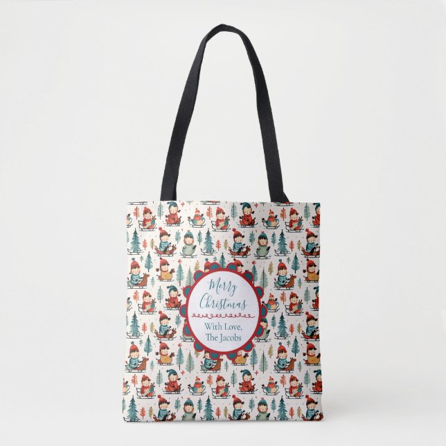 Merry Christmas  | Sledding Children Christmas Tote Bag (Front)