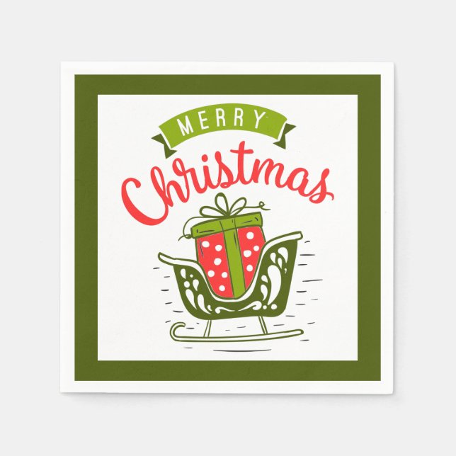 Merry Christmas Sleigh Present Red Green Festive Napkin (Front)