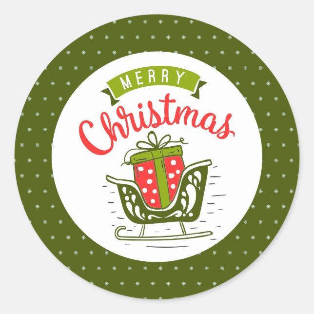 Merry Christmas Sleigh Red Green Snowflake Pattern Classic Round Sticker (Front)