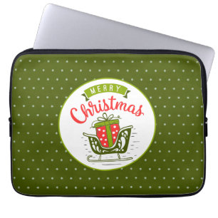 Merry Christmas Sleigh Red Green Snowflake Pattern Laptop Sleeve
