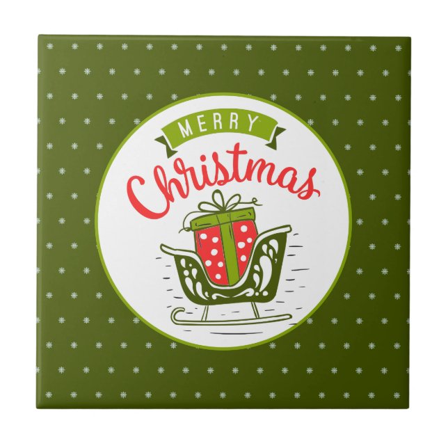 Merry Christmas Sleigh Red Green Snowflake Pattern Tile (Front)