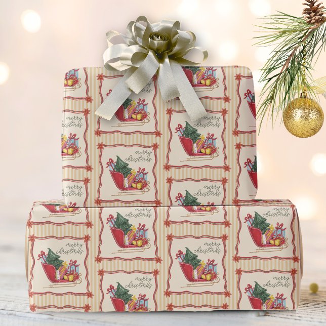 Merry Christmas Sleigh Ride Stripes  Wrapping Paper (Creator Uploaded)