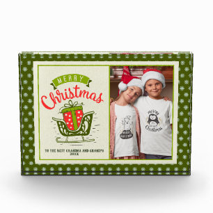 Merry Christmas Sleigh Text Green Snowflake Custom Photo Block