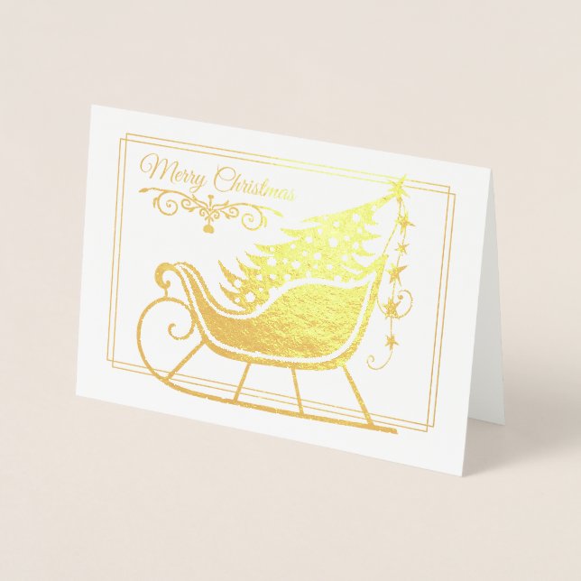 Merry Christmas Sleigh Tree Family Holiday Foil Card (Front)