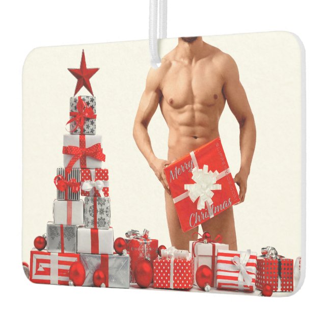 Merry Christmas SlipperyJoe red white silver gift  Car Air Freshener (Left)