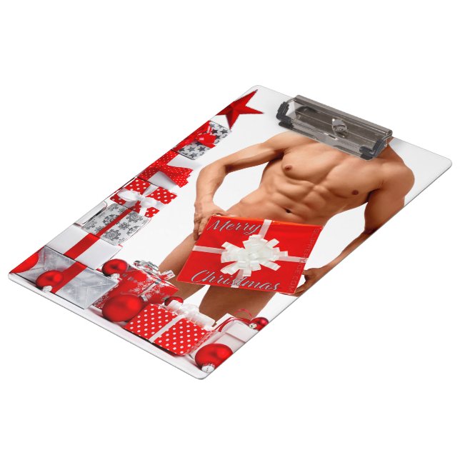 Merry Christmas SlipperyJoe red white silver gift  Clipboard (Angled)