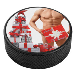Merry Christmas SlipperyJoe red white silver gift  Hockey Puck