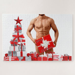 Merry Christmas SlipperyJoe red white silver gift  Jigsaw Puzzle