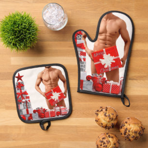 Merry Christmas SlipperyJoe red white silver gift Oven Mitt & Pot Holder Set