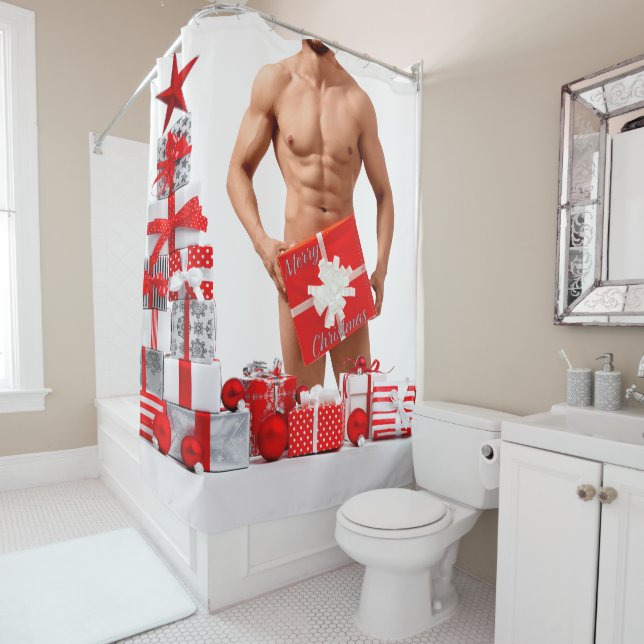 Merry Christmas SlipperyJoe red white silver gift  Shower Curtain (In Situ)