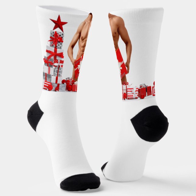 Merry Christmas SlipperyJoe red white silver gift  Socks (Angled)