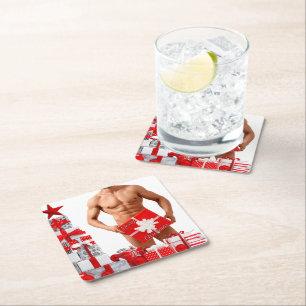 Merry Christmas SlipperyJoe red white silver gift Square Paper Coaster