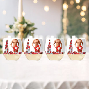 Merry Christmas SlipperyJoe red white silver gift Stemless Wine Glass