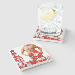 Merry Christmas SlipperyJoe red white silver gift  Stone Coaster