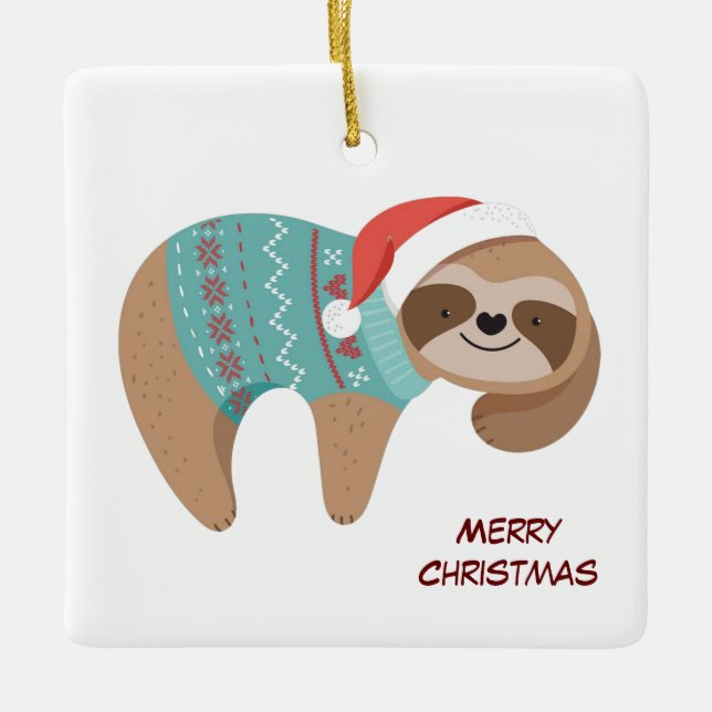 Merry Christmas Sloth Ceramic Ornament (Front)