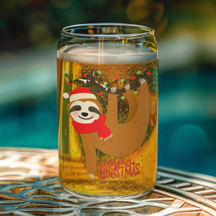 Merry Christmas Sloth Cute Holidays Can Glass