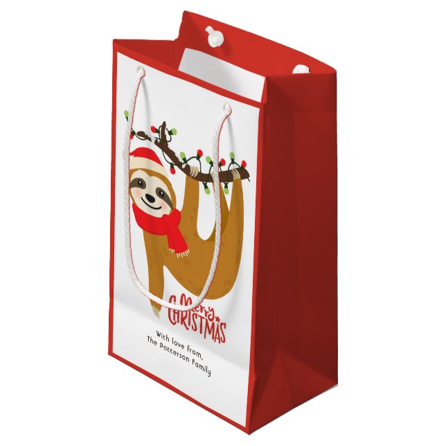 Merry Christmas Sloth | Holidays Personalised Name Small Gift Bag (Front Angled)