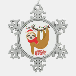 Merry Christmas Sloth Holidays Snowflake Pewter Christmas Ornament