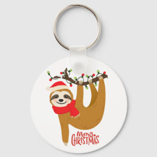Merry Christmas Sloth in Santa Hat Key Ring