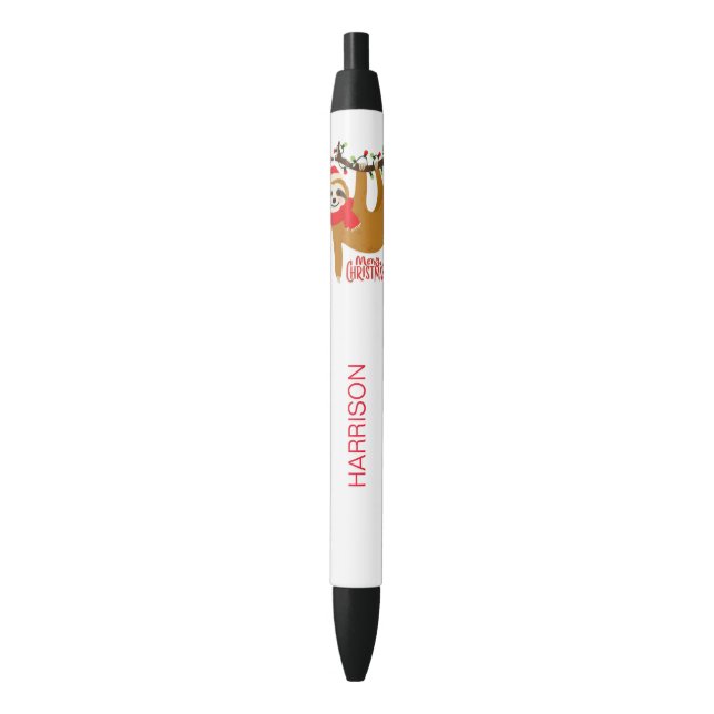 Merry Christmas Sloth Personalised Name Black Ink Pen (Front Vertical)
