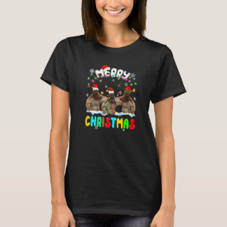 Merry Christmas Sloth Santa Hat Xmas Lights Pajam T-Shirt