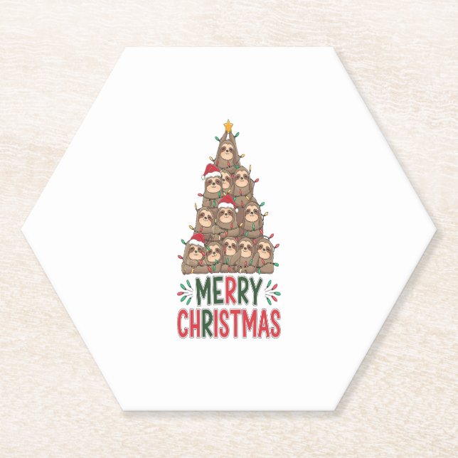 Merry Christmas Sloth Tree Paper Coaster (Front)