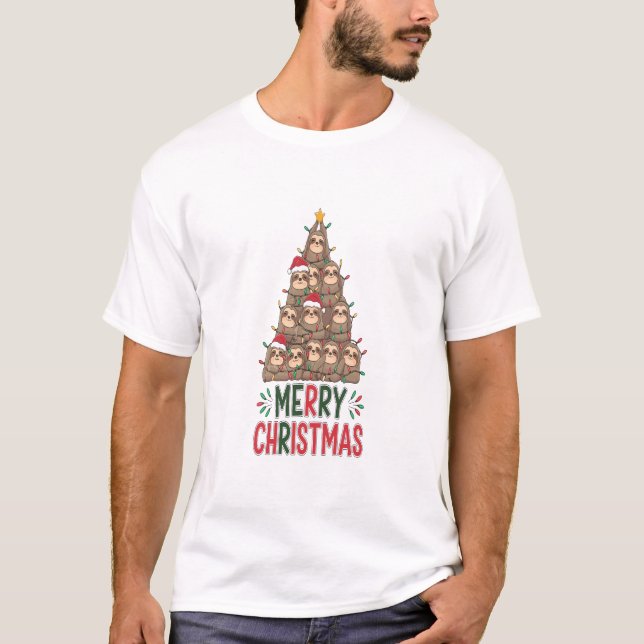 Merry Christmas Sloth Tree T-Shirt (Front)