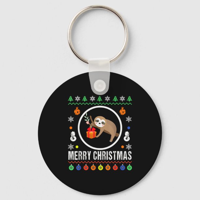 Merry Christmas Sloth Ugly Sweater Xmas Knit Sloth Key Ring (Front)