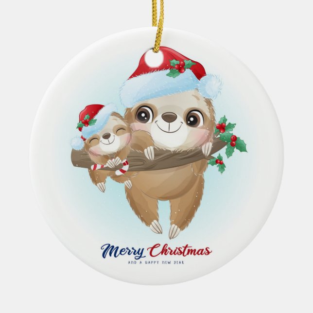 Merry Christmas Sloth's Ceramic Tree Decoration (Front)