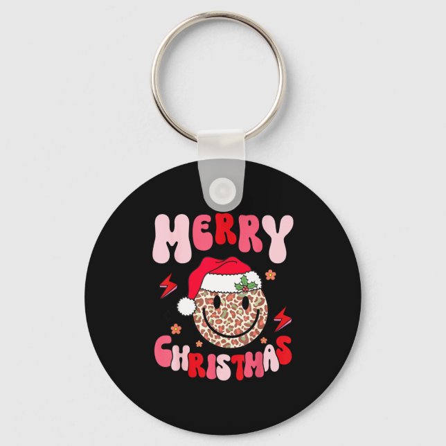 Merry Christmas Smile Face Santa Claus Hat Groovy  Key Ring (Front)