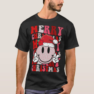 Merry Christmas Smile Face Santa Claus Hat Groovy T-Shirt