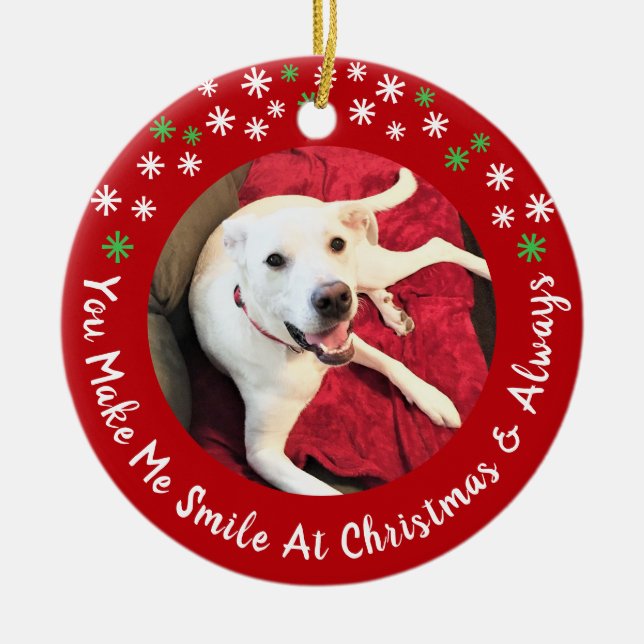 Merry Christmas Smiling Dog Photo Funny Red Circle Ceramic Tree Decoration (Front)