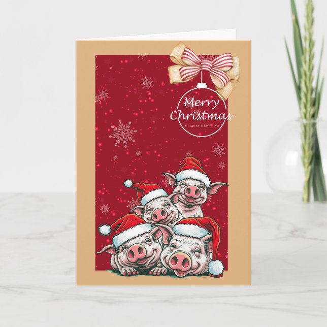 Merry Christmas Smiling Pigs With Santa Hats  Card (Front)