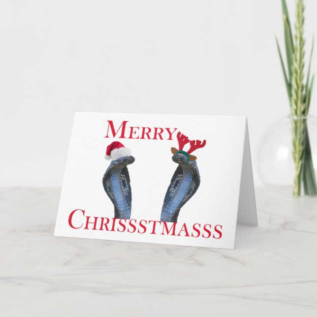 Merry Christmas Snakes In Antlers & Santa Hat Holiday Card (Front)