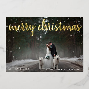 Merry Christmas Snow 2 Photo Wedding Thank You Foil Holiday Card