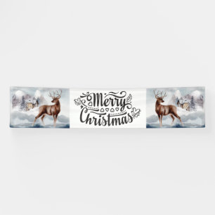Merry Christmas snow cabin forest stag watercolor Banner