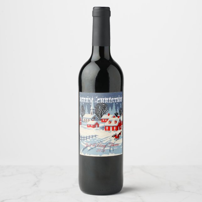 Merry Christmas Snow Covered Village Horse Church Wine Label (Front)