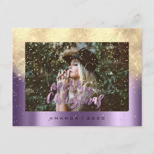 Merry Christmas Snow Eggplant Gold Photo Glitter Postcard (Front)