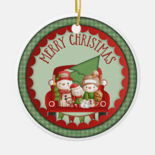 Merry Christmas Snow Family Double Sided Ceramic Tree Decoration