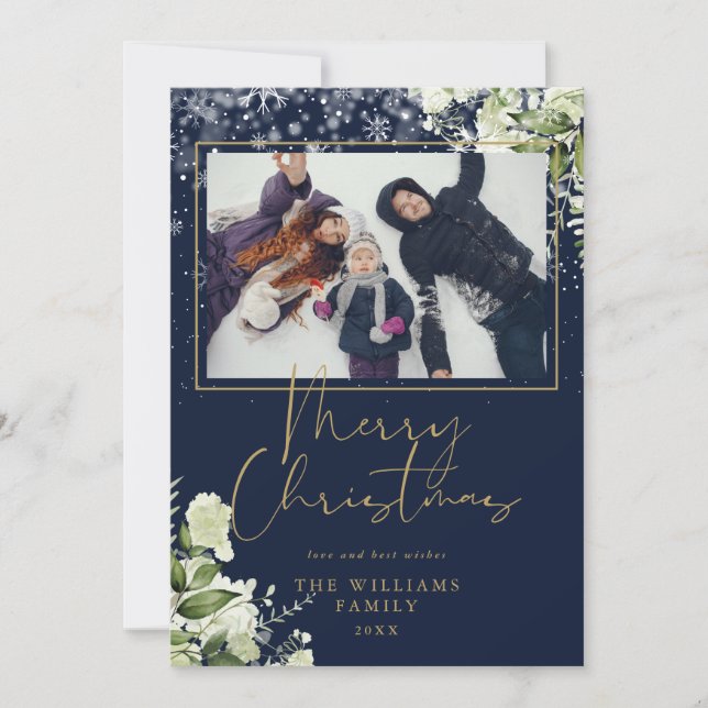 Merry Christmas Snow Floral Gold And Blue Photo Holiday Card (Front)
