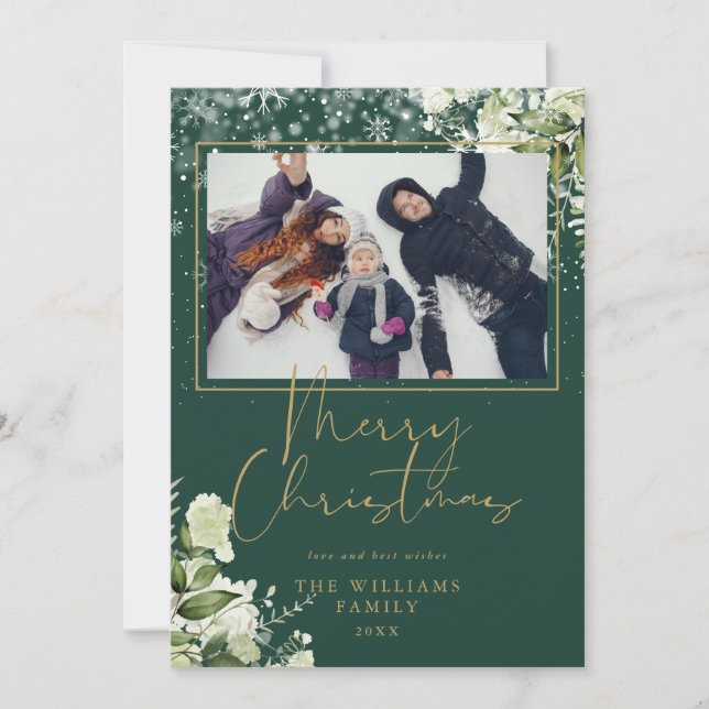Merry Christmas Snow Floral Gold And Green Photo Holiday Card (Front)