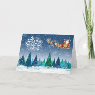 Merry Christmas Snow Forest and Santa in Sleigh Holiday Card