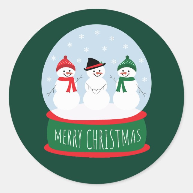 Merry Christmas Snow Globe Snowmen Classic Round Sticker (Front)