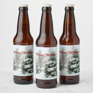 Merry Christmas, snow-laden fir trees Beer Bottle Label