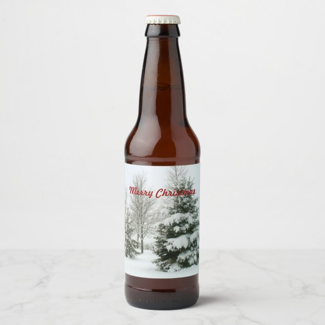 Merry Christmas, snow-laden fir trees Beer Bottle Label (Front)