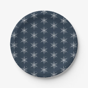 Merry Christmas Snow Modern Holiday Dark Blue Paper Plate
