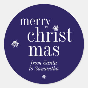 Merry Christmas Snow Navy Classic Round Sticker