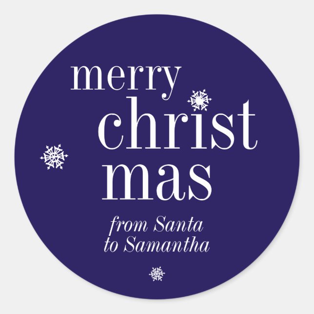 Merry Christmas Snow Navy Classic Round Sticker (Front)