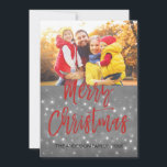 Merry Christmas Snow or Snowflake Photo Card<br><div class="desc">Merry Christmas Charcoal Grey Hand Lettered Script Snowflake Photo Card. The photo and text of this hand lettered brush script can be updated and customised with your photo and name. This card also displays your name on the back of the Christmas Card.</div>